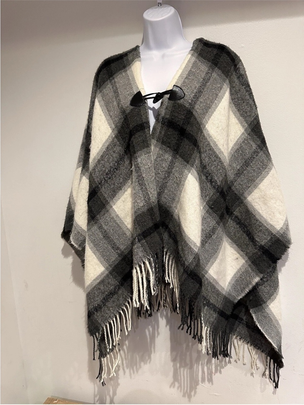 Cozy Black & Cream Plaid Fringe Poncho - Shawl cover up studio select